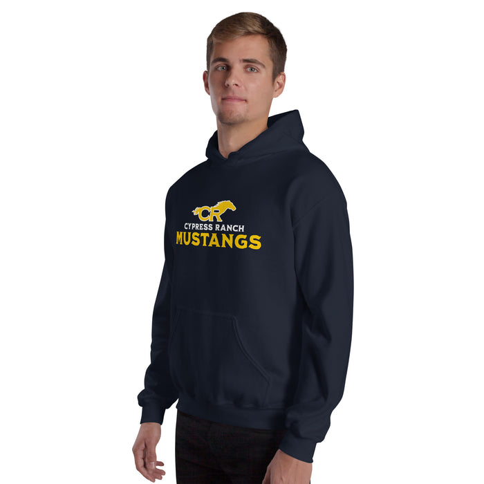 Man wearing Cypress Ranch High School Mustangs Navy Classic Unisex Hoodie 233