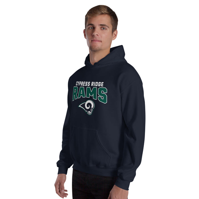 Man wearing Cypress Ridge High School Rams Navy Classic Unisex Hoodie 234