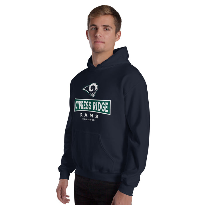 Man wearing Cypress Ridge High School Rams Navy Classic Unisex Hoodie 202