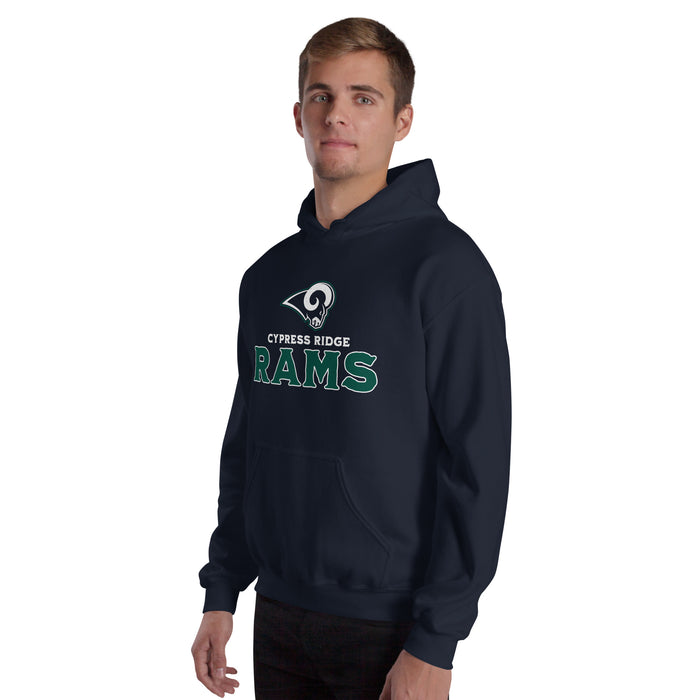 Man wearing Cypress Ridge High School Rams Navy Classic Unisex Hoodie 233