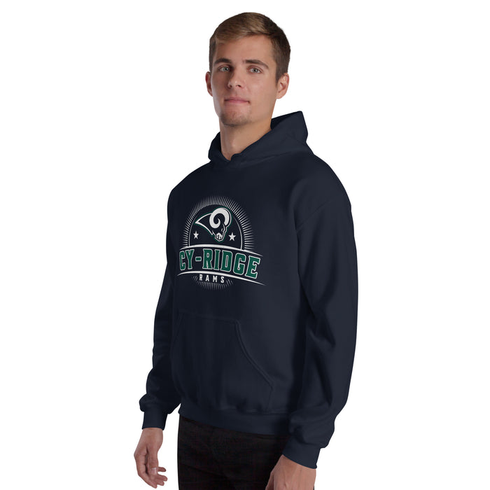 Man wearing Cypress Ridge High School Rams Navy Classic Unisex Hoodie 221