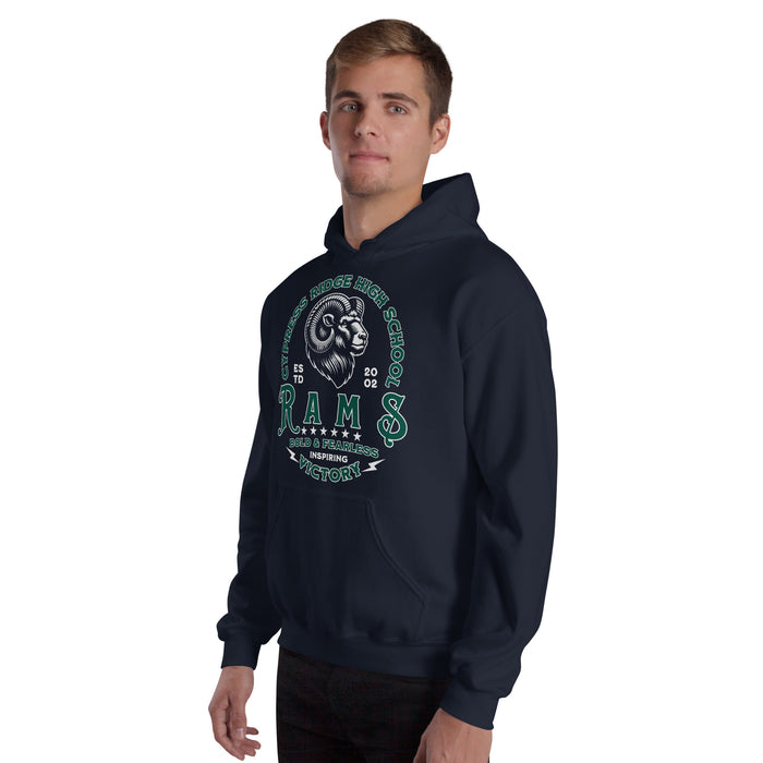 Man wearing Cypress Ridge High School Rams Navy Classic Unisex Hoodie 206