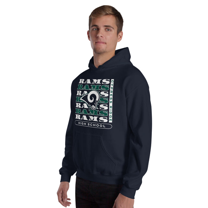 Man wearing Cypress Ridge High School Rams Navy Classic Unisex Hoodie 235