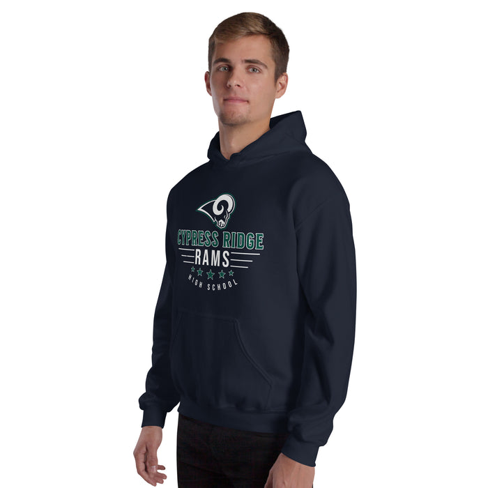 Man wearing Cypress Ridge High School Rams Navy Classic Unisex Hoodie 217