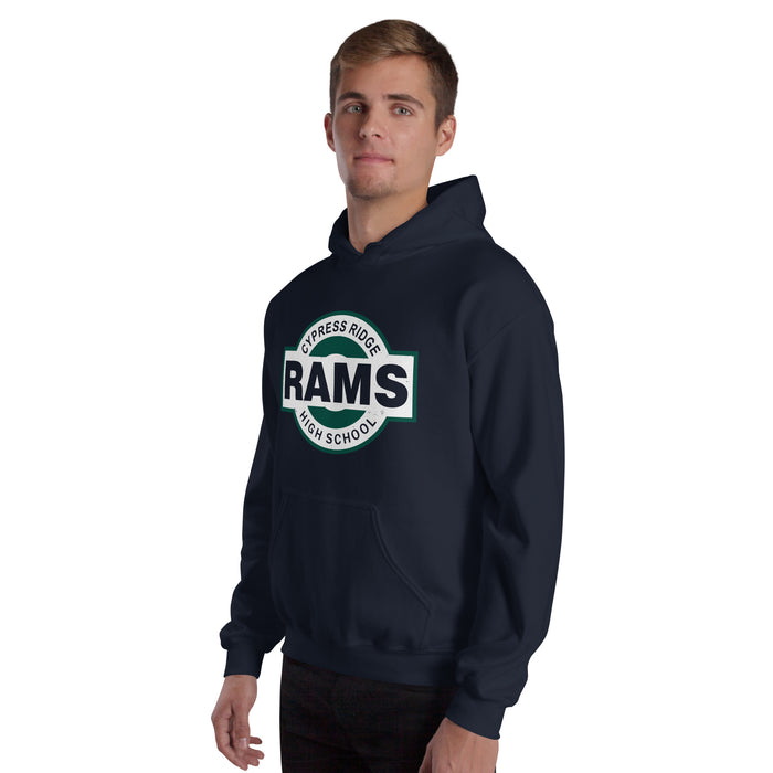 Man wearing Cypress Ridge High School Rams Navy Classic Unisex Hoodie 011