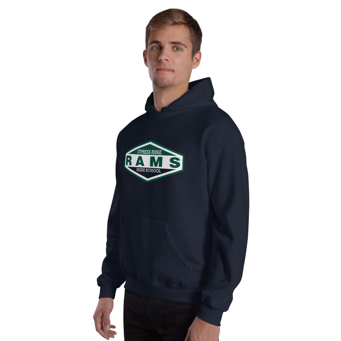 Man wearing Cypress Ridge High School Rams Navy Classic Unisex Hoodie 009