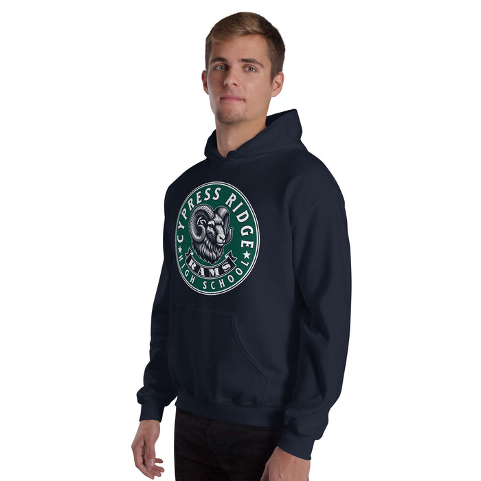 Man wearing Cypress Ridge High School Rams Navy Classic Unisex Hoodie 215
