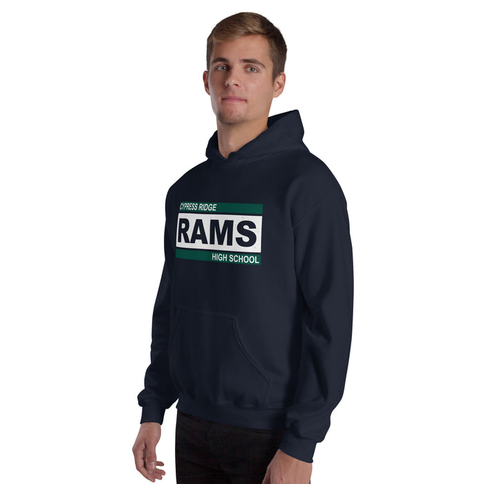 Man wearing Cypress Ridge High School Rams Navy Classic Unisex Hoodie 098