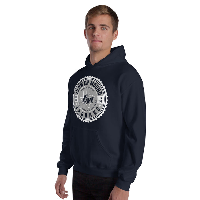 Man wearing Flower Mound High School Jaguars Navy Blue Classic Unisex Hoodie 203