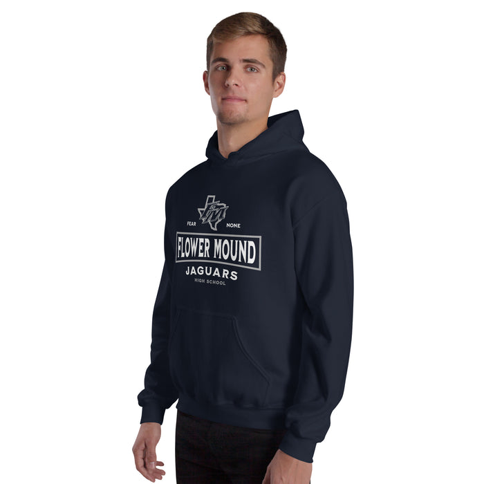 Man wearing Flower Mound High School Jaguars Navy Blue Classic Unisex Hoodie 202