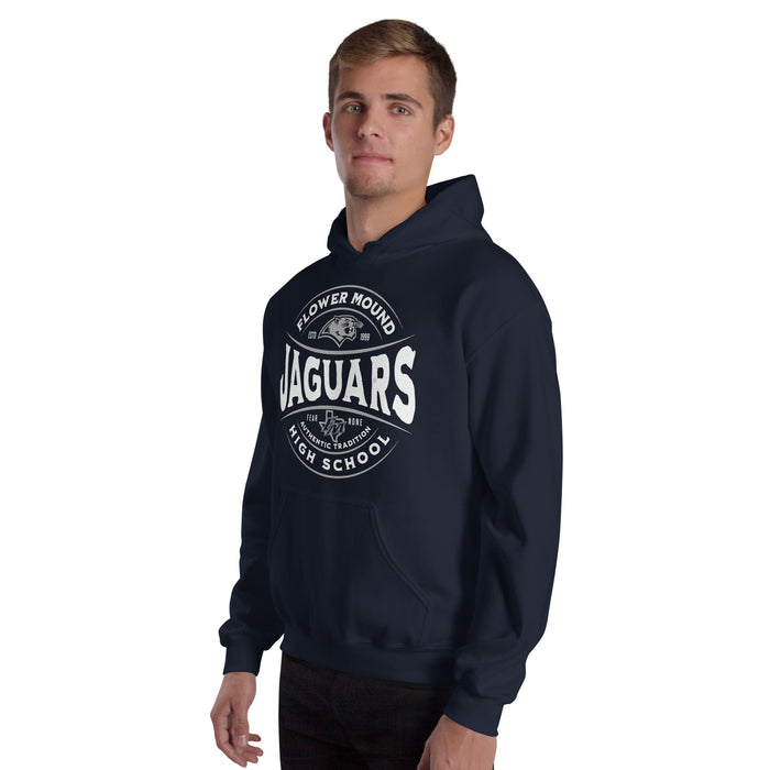 Man wearing Flower Mound High School Jaguars Navy Blue Classic Unisex Hoodie 218