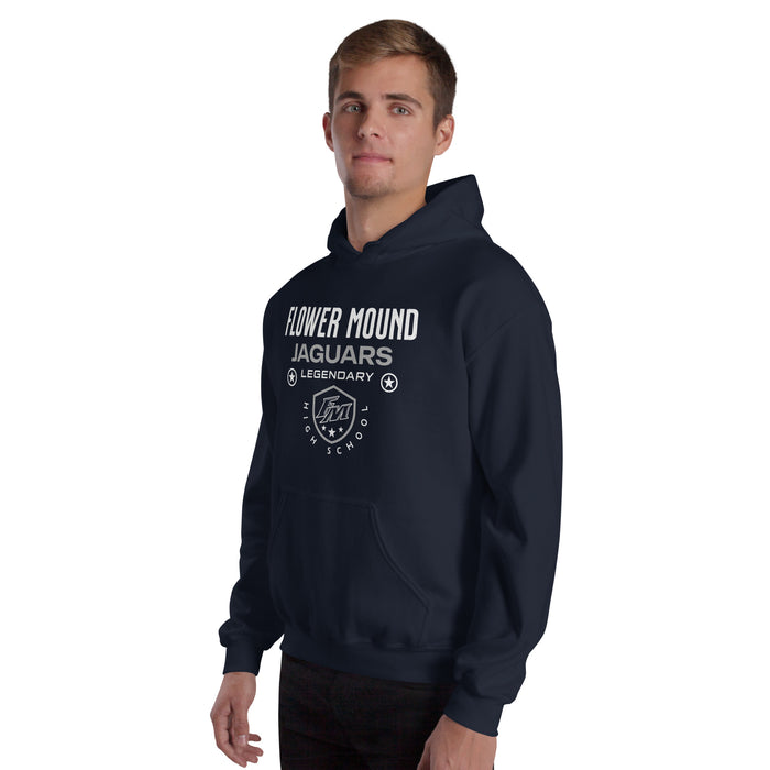 Man wearing Flower Mound High School Jaguars Navy Blue Classic Unisex Hoodie 003