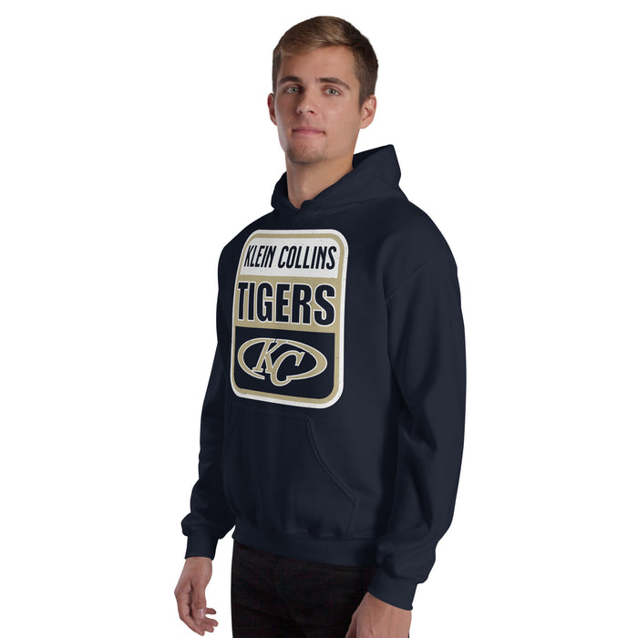 Man wearing Klein Collins High School Tigers Navy Classic Unisex Hoodie 001