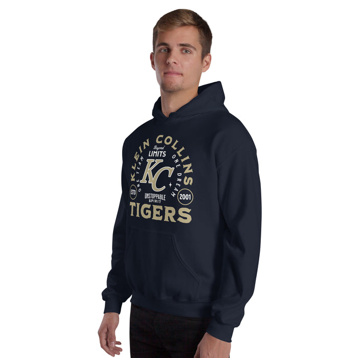 Man wearing Klein Collins High School Tigers Navy Classic Unisex Hoodie 208