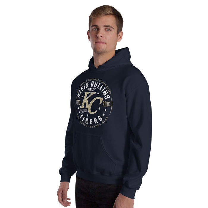 Man wearing Klein Collins High School Tigers Navy Classic Unisex Hoodie 214