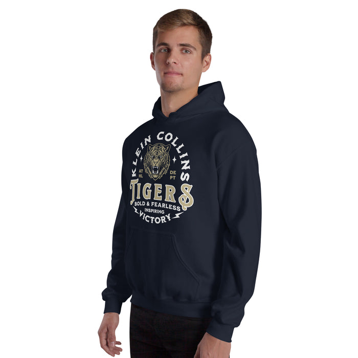 Man wearing Klein Collins High School Tigers Navy Classic Unisex Hoodie 206
