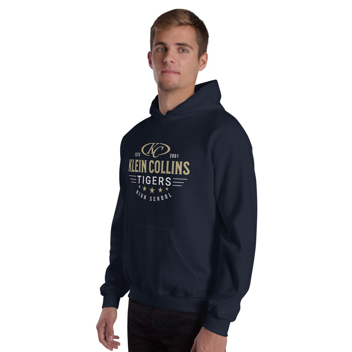 Man wearing Klein Collins High School Tigers Navy Classic Unisex Hoodie 217