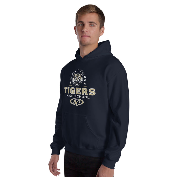 Man wearing Klein Collins High School Tigers Navy Classic Unisex Hoodie 222