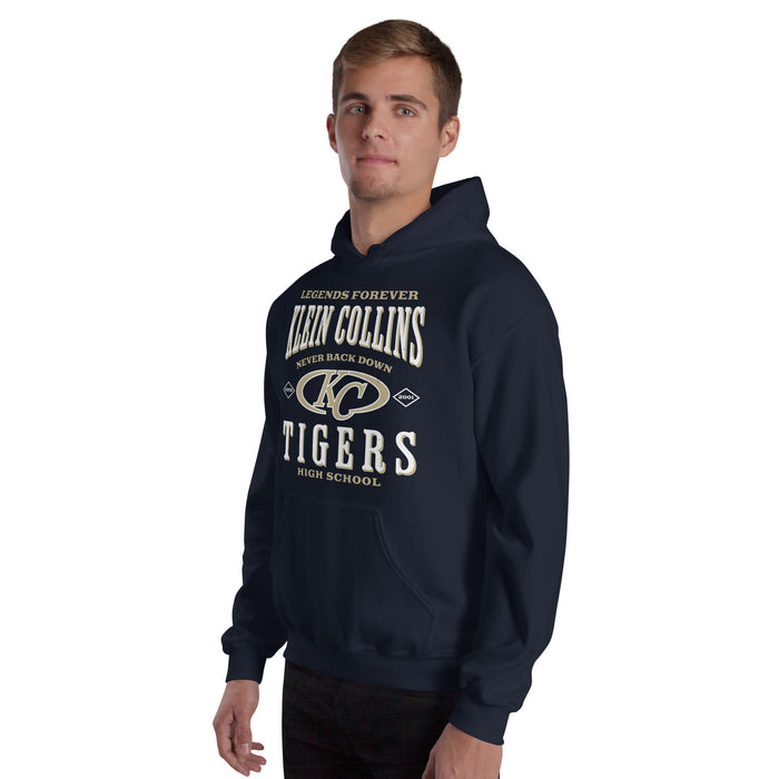 Man wearing Klein Collins High School Tigers Navy Classic Unisex Hoodie 230