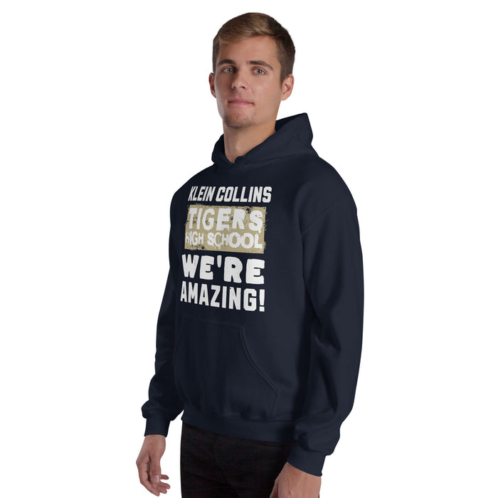 Man wearing Klein Collins High School Tigers Navy Classic Unisex Hoodie 231