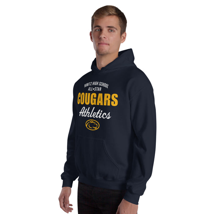 Man wearing Nimitz High School Cougars Navy Blue Classic Unisex Hoodie 034