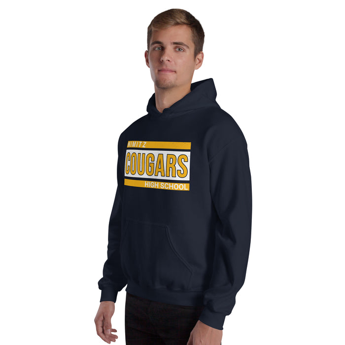 Man wearing Nimitz High School Cougars Navy Blue Classic Unisex Hoodie 098