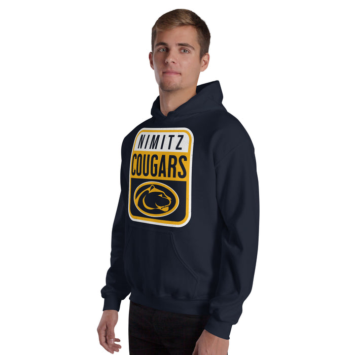 Man wearing Nimitz High School Cougars Navy Blue Classic Unisex Hoodie 001