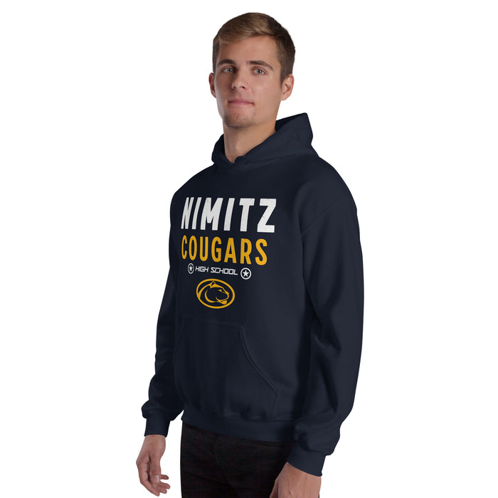 Man wearing Nimitz High School Cougars Navy Blue Classic Unisex Hoodie 003