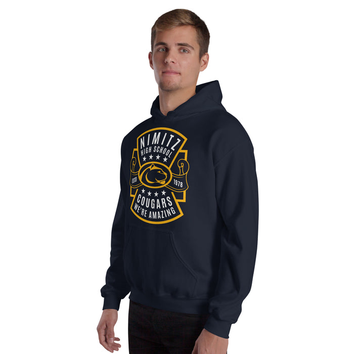 Man wearing Nimitz High School Cougars Navy Blue Classic Unisex Hoodie 207