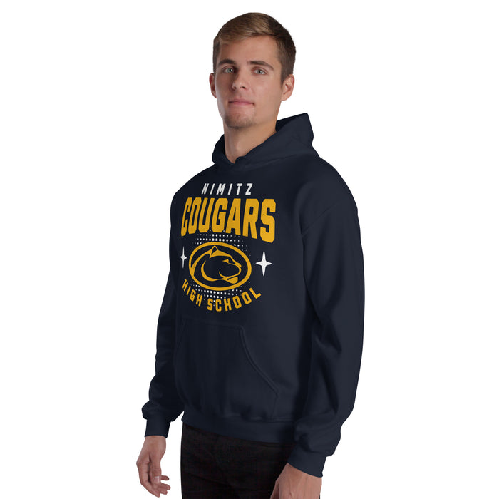 Man wearing Nimitz High School Cougars Navy Blue Classic Unisex Hoodie 204