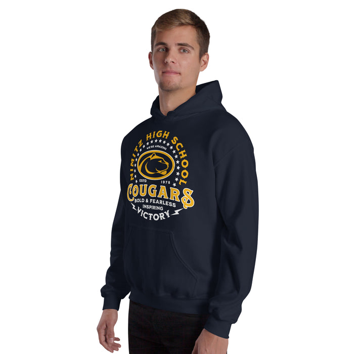 Man wearing Nimitz High School Cougars Navy Blue Classic Unisex Hoodie 206