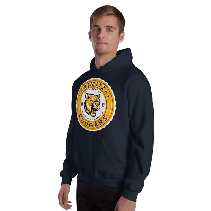 Man wearing Nimitz High School Cougars Navy Blue Classic Unisex Hoodie 216
