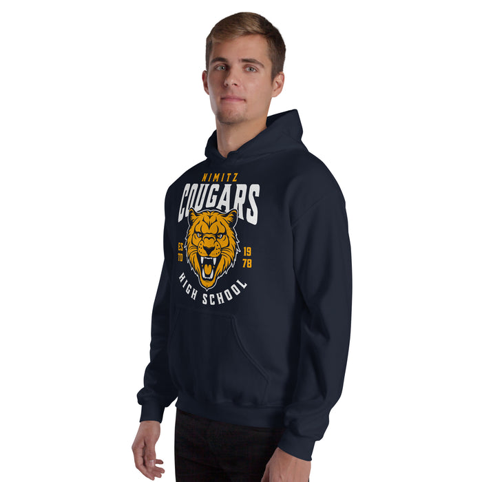 Man wearing Nimitz High School Cougars Navy Blue Classic Unisex Hoodie 213