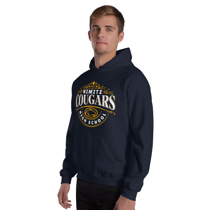 Man wearing Nimitz High School Cougars Navy Blue Classic Unisex Hoodie 211