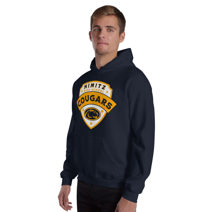 Man wearing Nimitz High School Cougars Navy Blue Classic Unisex Hoodie 221