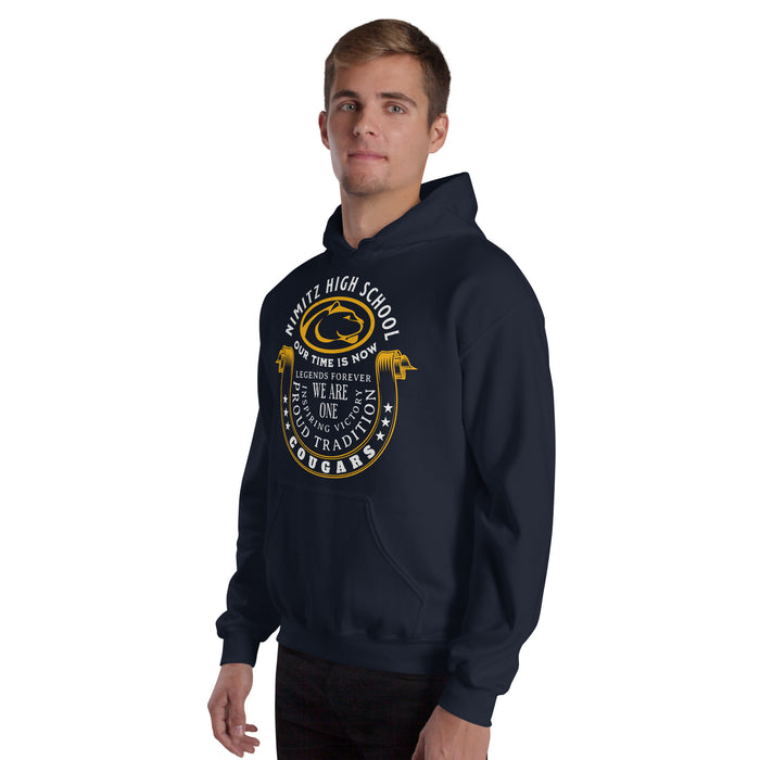 Man wearing Nimitz High School Cougars Navy Blue Classic Unisex Hoodie 229
