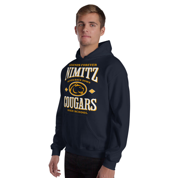 Man wearing Nimitz High School Cougars Navy Blue Classic Unisex Hoodie 230