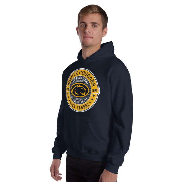 Man wearing Nimitz High School Cougars Navy Blue Classic Unisex Hoodie 224
