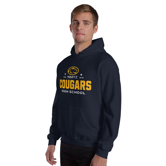 Man wearing Nimitz High School Cougars Navy Blue Classic Unisex Hoodie 222