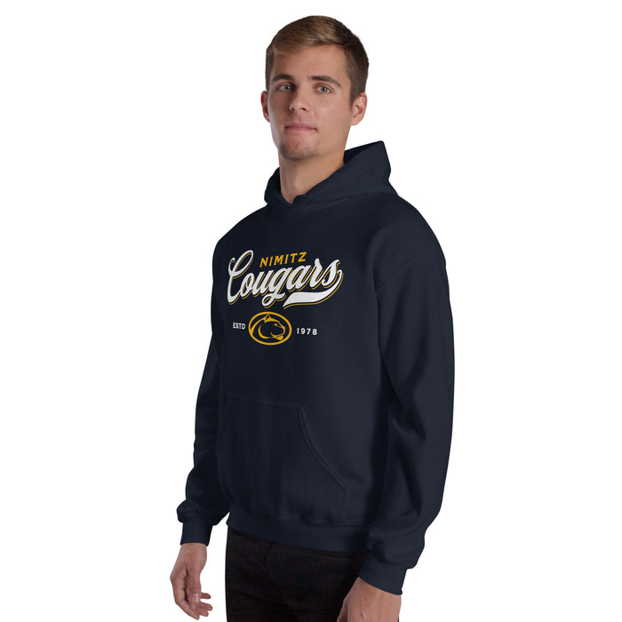 Man wearing Nimitz High School Cougars Navy Blue Classic Unisex Hoodie 226