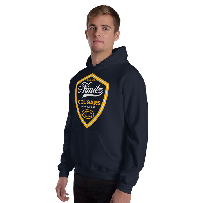 Man wearing Nimitz High School Cougars Navy Blue Classic Unisex Hoodie 225