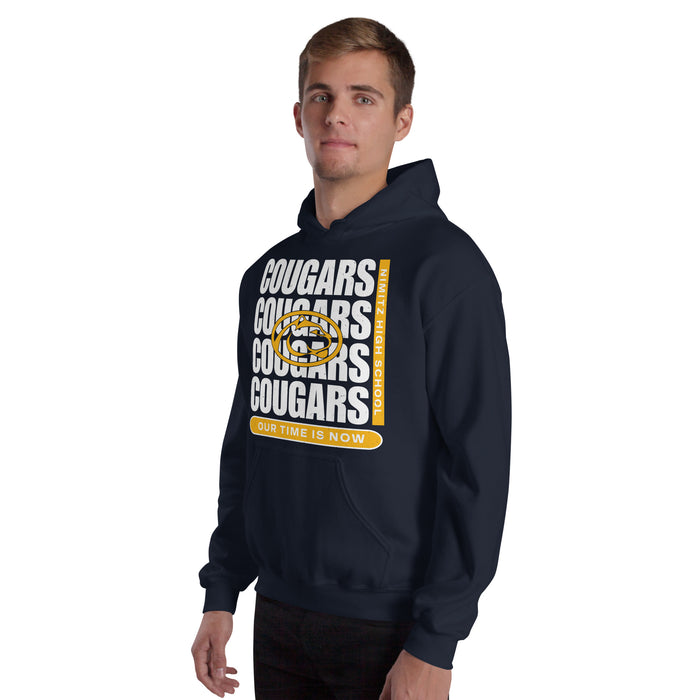 Man wearing Nimitz High School Cougars Navy Blue Classic Unisex Hoodie 235