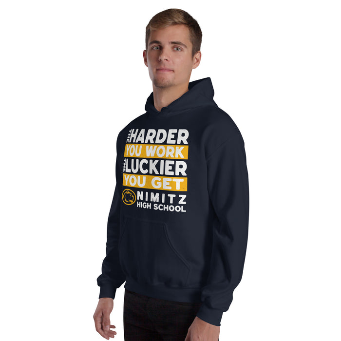 Man wearing Nimitz High School Cougars Navy Blue Classic Unisex Hoodie 238
