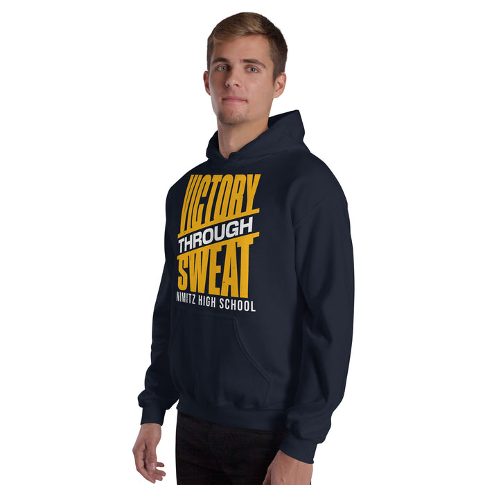 Man wearing Nimitz High School Cougars Navy Blue Classic Unisex Hoodie 241