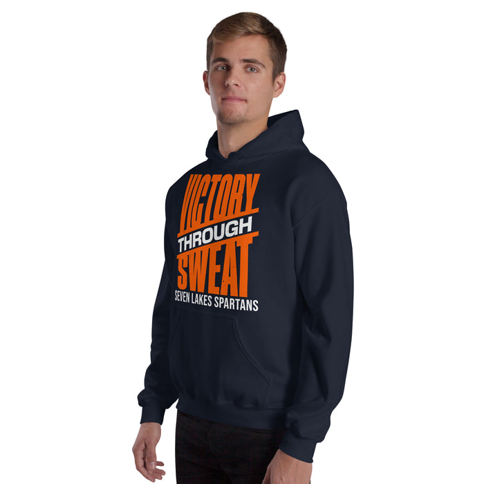 Man wearing Seven Lakes High School Spartans Navy Blue Classic Unisex Hoodie 241