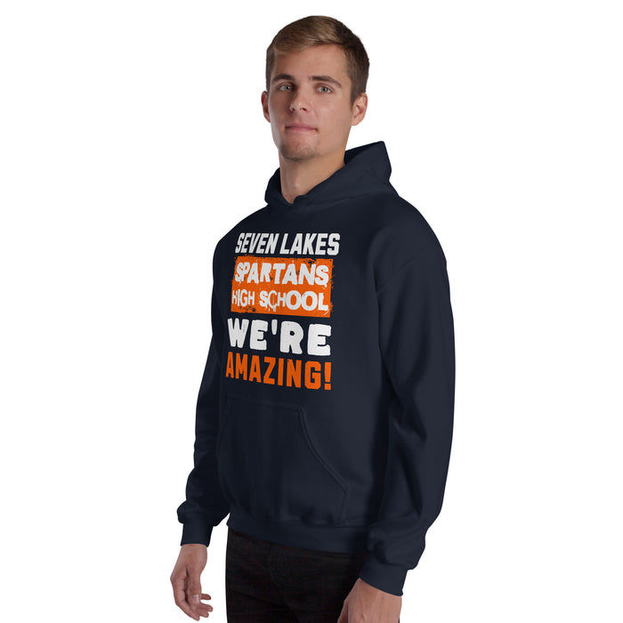 Man wearing Seven Lakes High School Spartans Navy Blue Classic Unisex Hoodie 231