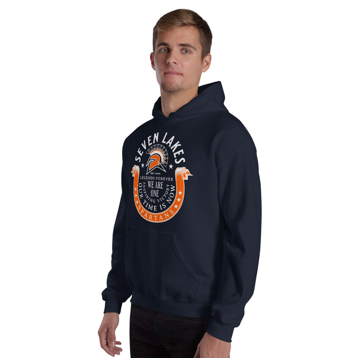 Man wearing Seven Lakes High School Spartans Navy Blue Classic Unisex Hoodie 229