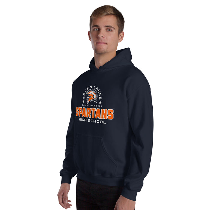 Man wearing Seven Lakes High School Spartans Navy Blue Classic Unisex Hoodie 222