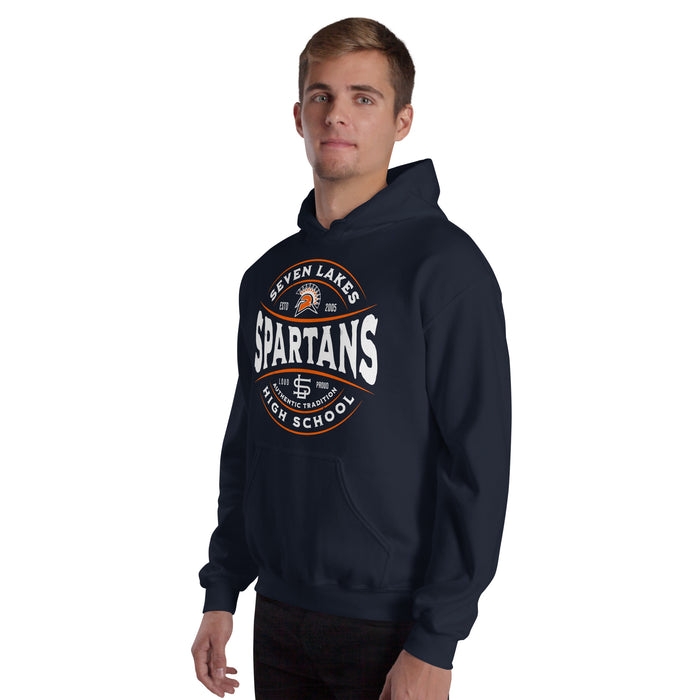Man wearing Seven Lakes High School Spartans Navy Blue Classic Unisex Hoodie 218