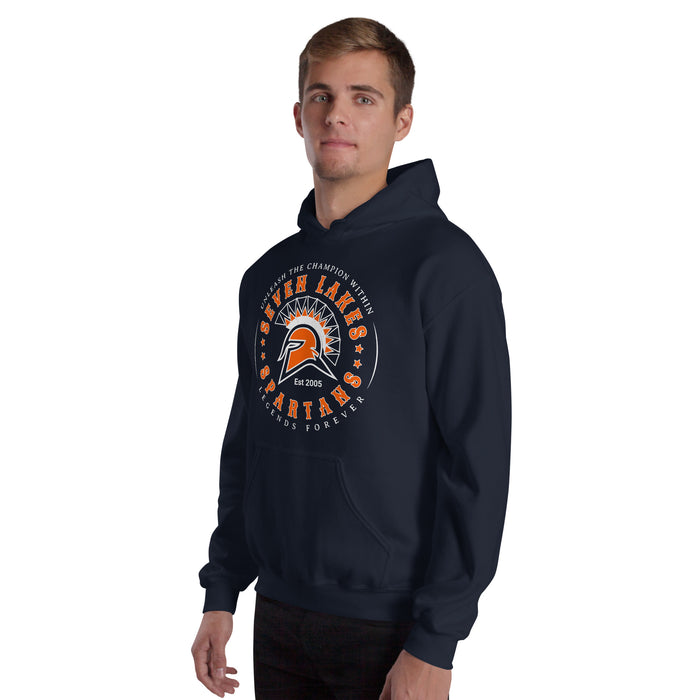 Man wearing Seven Lakes High School Spartans Navy Blue Classic Unisex Hoodie 214
